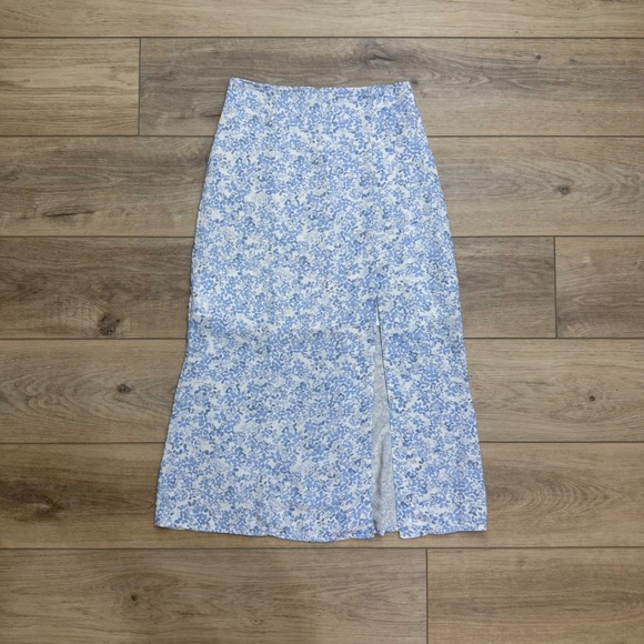 Kookai Dresses & Skirts - Kookai Blue White Floral Midi Skirt Front Slit High Waisted Soft Girl Size 34